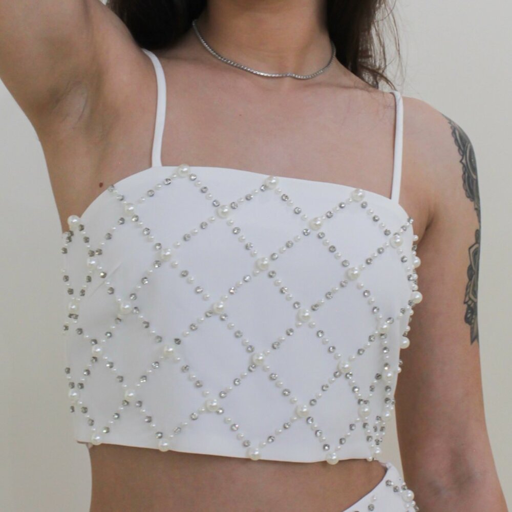 White, Pearl & Rhinestone Crop Top | Small